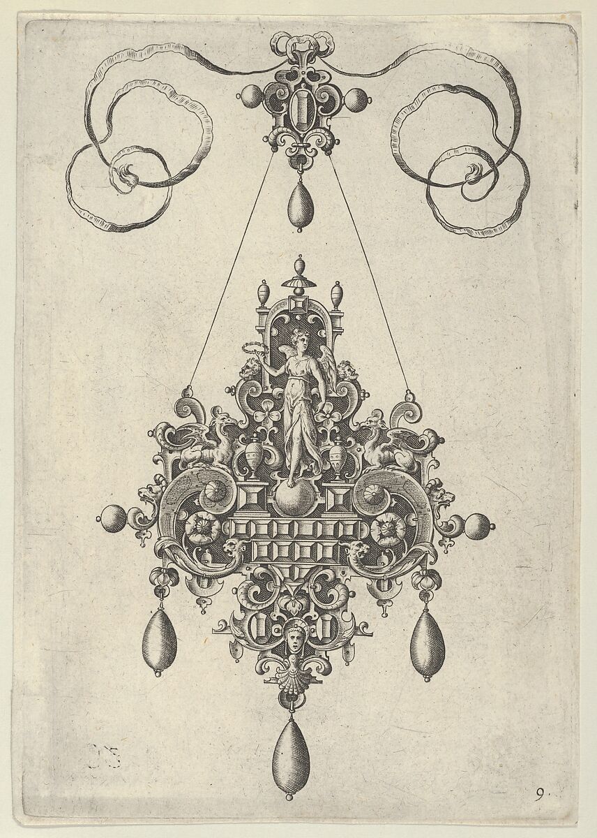 Pendant Design with Winged Victory Holding a Laurel Wreath, Jan Collaert I (Netherlandish, Antwerp ca. 1530–1581 Antwerp), Engraving; second state of two (New Hollstein) 