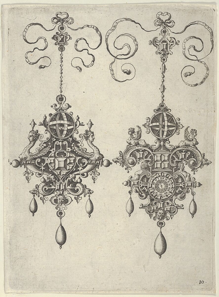 Two Pendant Designs with Sun-Dials on Top, Jan Collaert I (Netherlandish, Antwerp ca. 1530–1581 Antwerp), Engraving; second state of two (New Hollstein) 