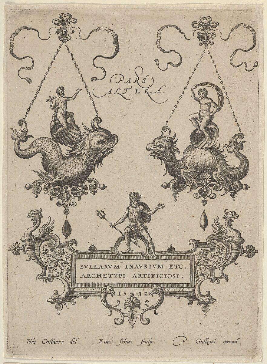 Title Plate with Two Pendant Designs Above and Neptune Standing on a Cartouche Below, Adriaen Collaert (Netherlandish, Antwerp ca. 1560–1618 Antwerp), Engraving; second state of four (New Hollstein) 