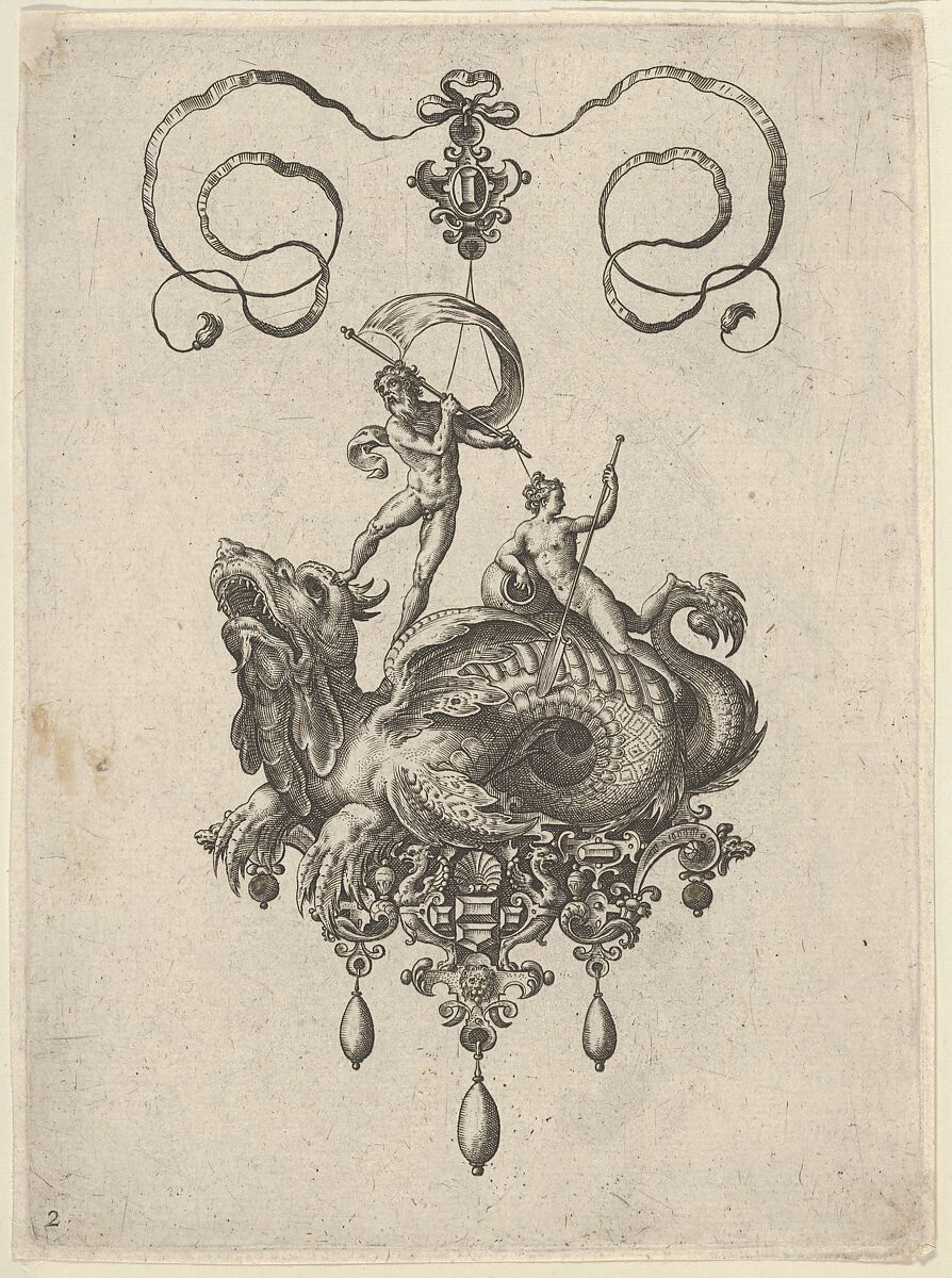 Pendant Design with a Sea Monster Ridden by Thetis and a Man with a Sail, Adriaen Collaert (Netherlandish, Antwerp ca. 1560–1618 Antwerp), Engraving; second state of two (New Hollstein) 