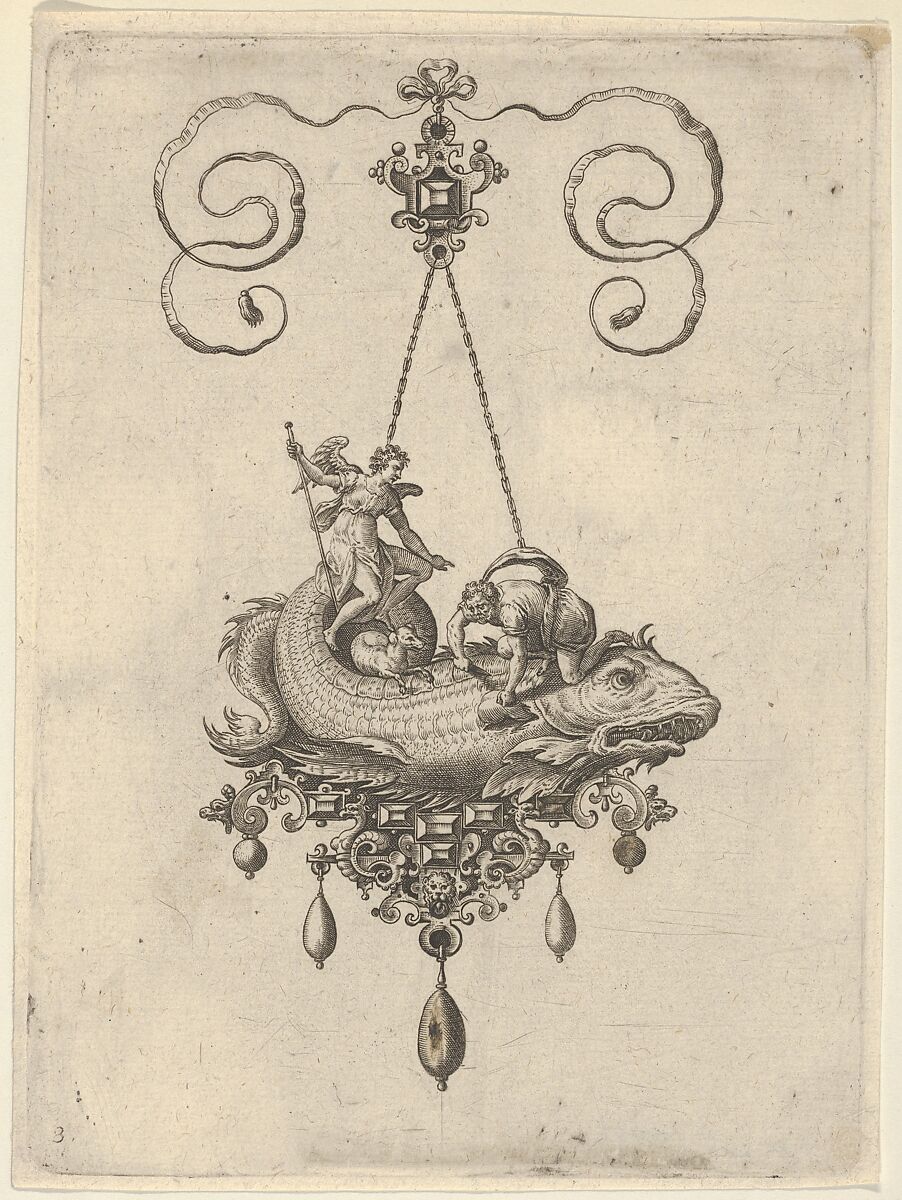 Pendant Design with a Fish Carrying Tobias and the Angel, Adriaen Collaert (Netherlandish, Antwerp ca. 1560–1618 Antwerp), Engraving; second state of two (New Hollstein) 