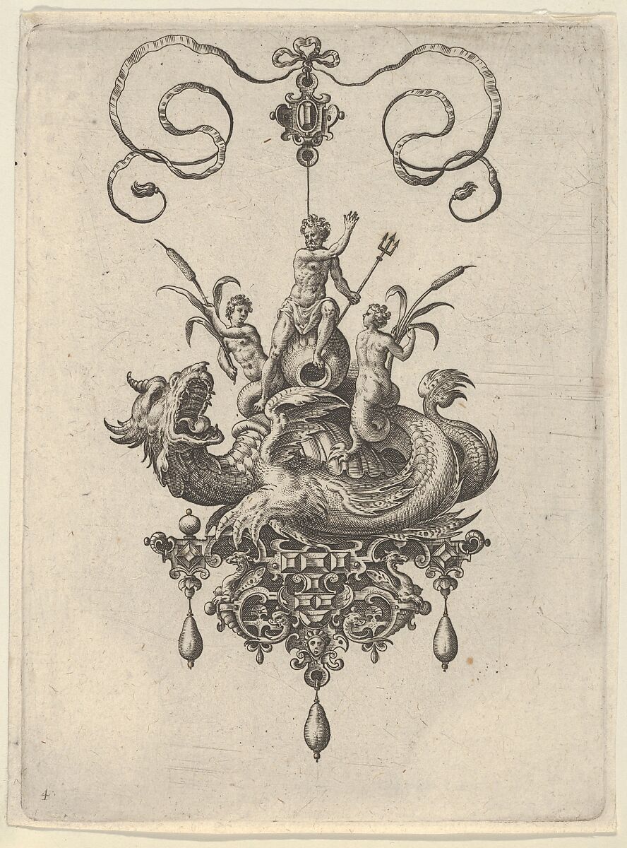 Pendant Design with a Sea Monster Carrying Neptune Flanked by Two Nerieds, Adriaen Collaert (Netherlandish, Antwerp ca. 1560–1618 Antwerp), Engraving; second state of two (New Hollstein) 
