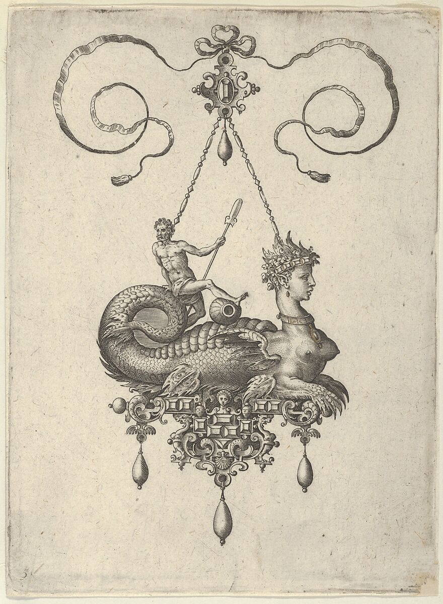 Pendant Design with a Sphinx with the Body of a Fish Carrying a Man with an Oar, Adriaen Collaert (Netherlandish, Antwerp ca. 1560–1618 Antwerp), Engraving; second state of two (New Hollstein) 