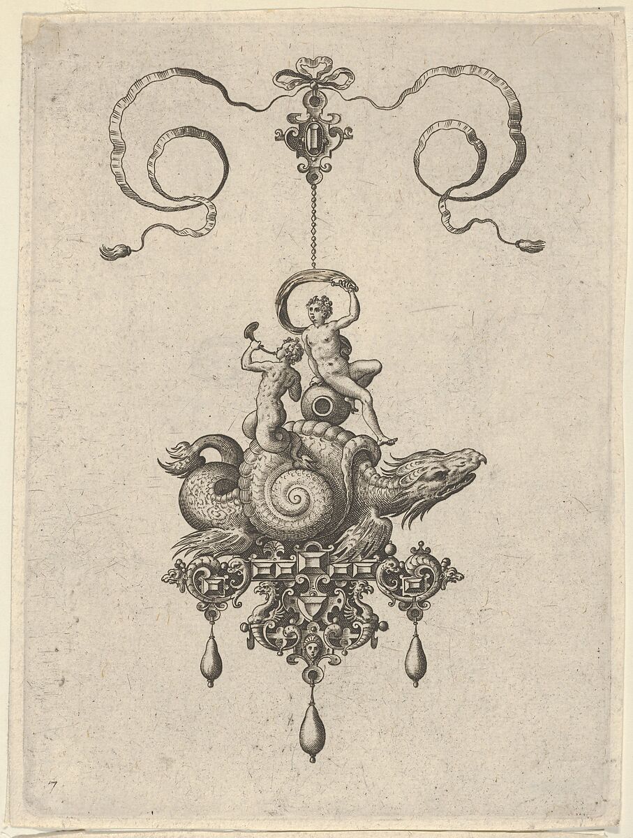 Pendant Design with a Sea Monster in a Shell Carrying a Triton and a Woman with a Sail, Adriaen Collaert (Netherlandish, Antwerp ca. 1560–1618 Antwerp), Engraving; second state of two (New Hollstein) 