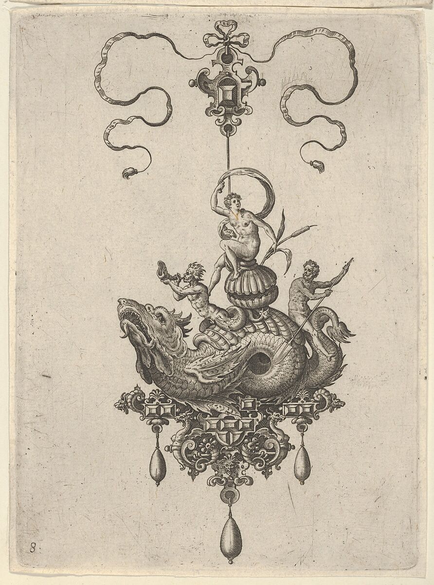 Pendant Design with a Sea Monster Carrying a Woman on a Shell Flanked by a Triton and a Man with an Oar, Adriaen Collaert (Netherlandish, Antwerp ca. 1560–1618 Antwerp), Engraving; second state of two (New Hollstein) 