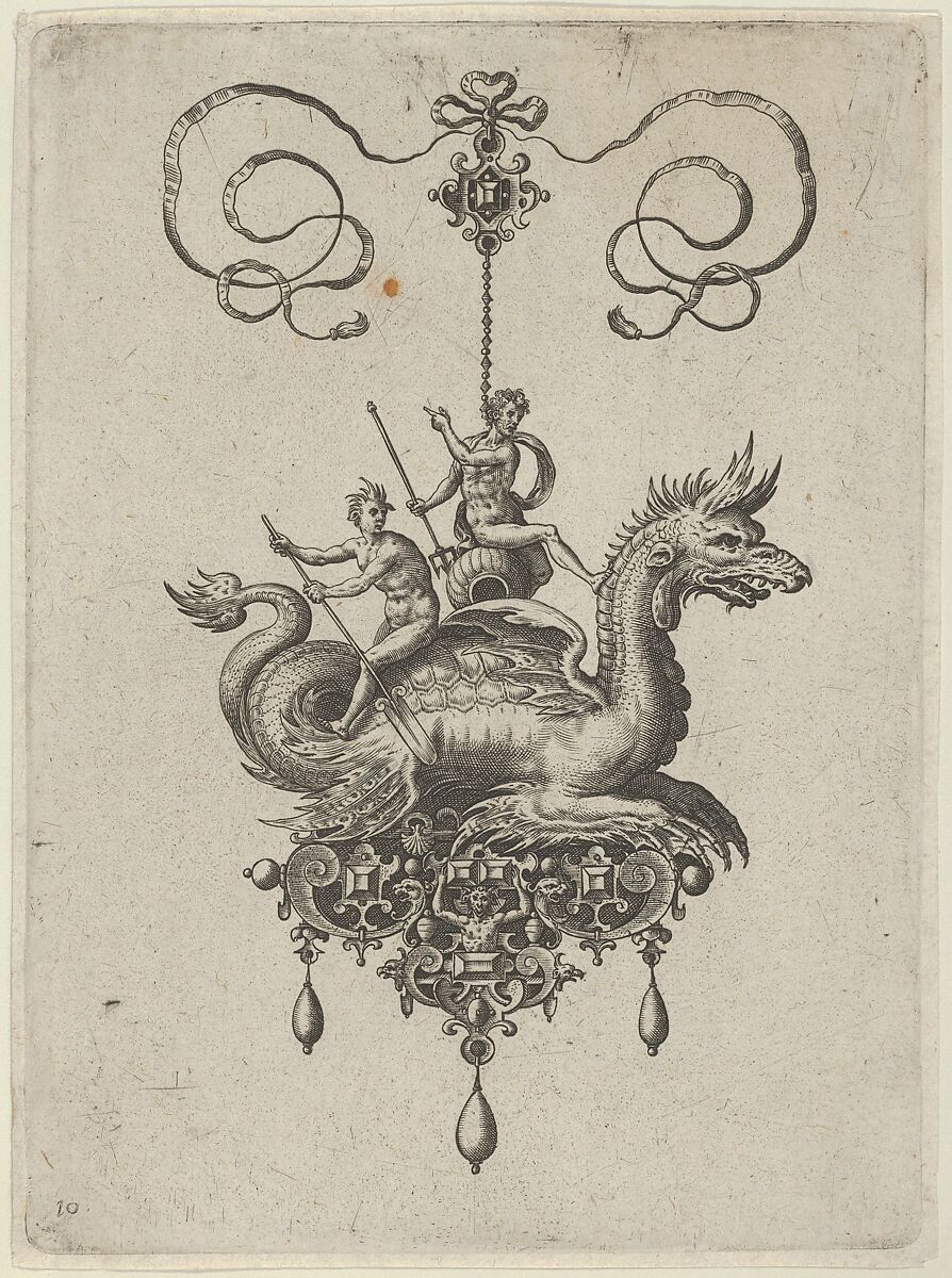 Pendant Design with a Sea Monster Carrying Neptune on an Urn Beside a River-God with an Oar, Adriaen Collaert (Netherlandish, Antwerp ca. 1560–1618 Antwerp), Engraving; second state of two (New Hollstein) 