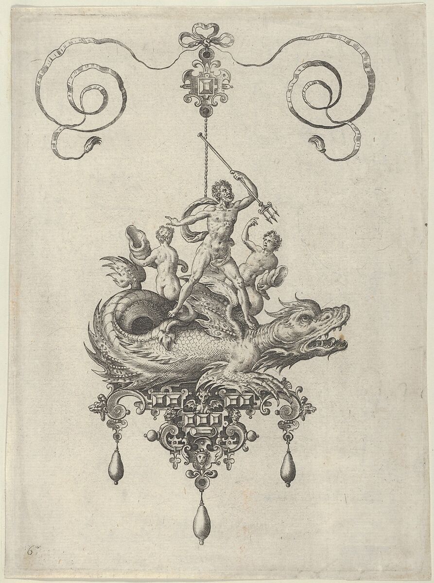 Pendant Design with a Sea Monster Carrying Neptune Flanked by Two Figures with Horns, Adriaen Collaert (Netherlandish, Antwerp ca. 1560–1618 Antwerp), Engraving; second state of two (New Hollstein) 