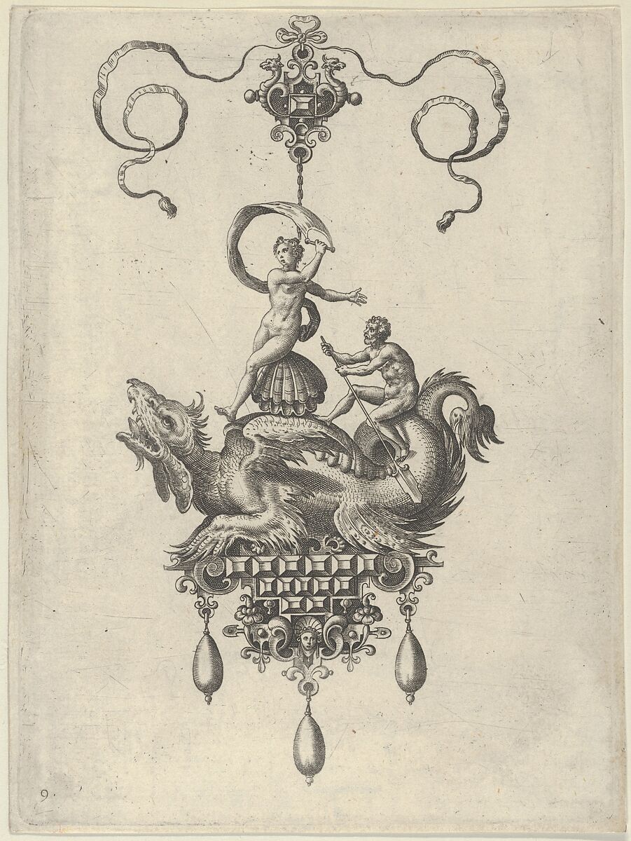Pendant Design with a Winged Sea Monster Carrying Venus Anadyomene on a Shell and a Man with an Oar, Adriaen Collaert (Netherlandish, Antwerp ca. 1560–1618 Antwerp), Engraving; second state of two (New Hollstein) 