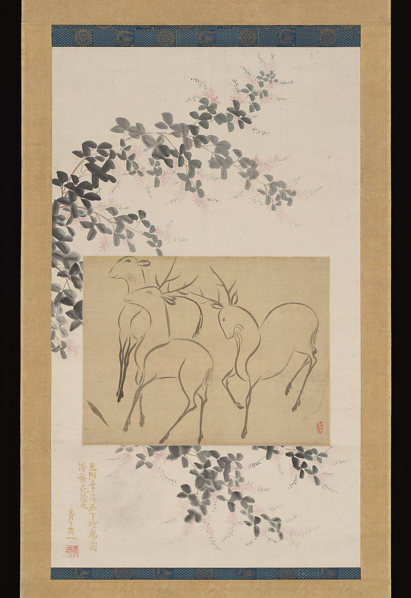 Preliminary Drawing of Three Deer Mounted on a Hanging-scroll Painting of Flowering Bush Clover, Ogata Kōrin (Japanese, 1658–1716) (sketch of three deer), Hanging scroll; ink, color and gold pigment on paper, Japan 
