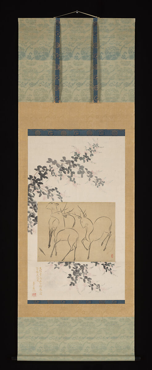 Preliminary Drawing of Three Deer Mounted on a Hanging-scroll Painting of Flowering Bush Clover, Ogata Kōrin (Japanese, 1658–1716) (sketch of three deer), Hanging scroll; ink, color and gold pigment on paper, Japan