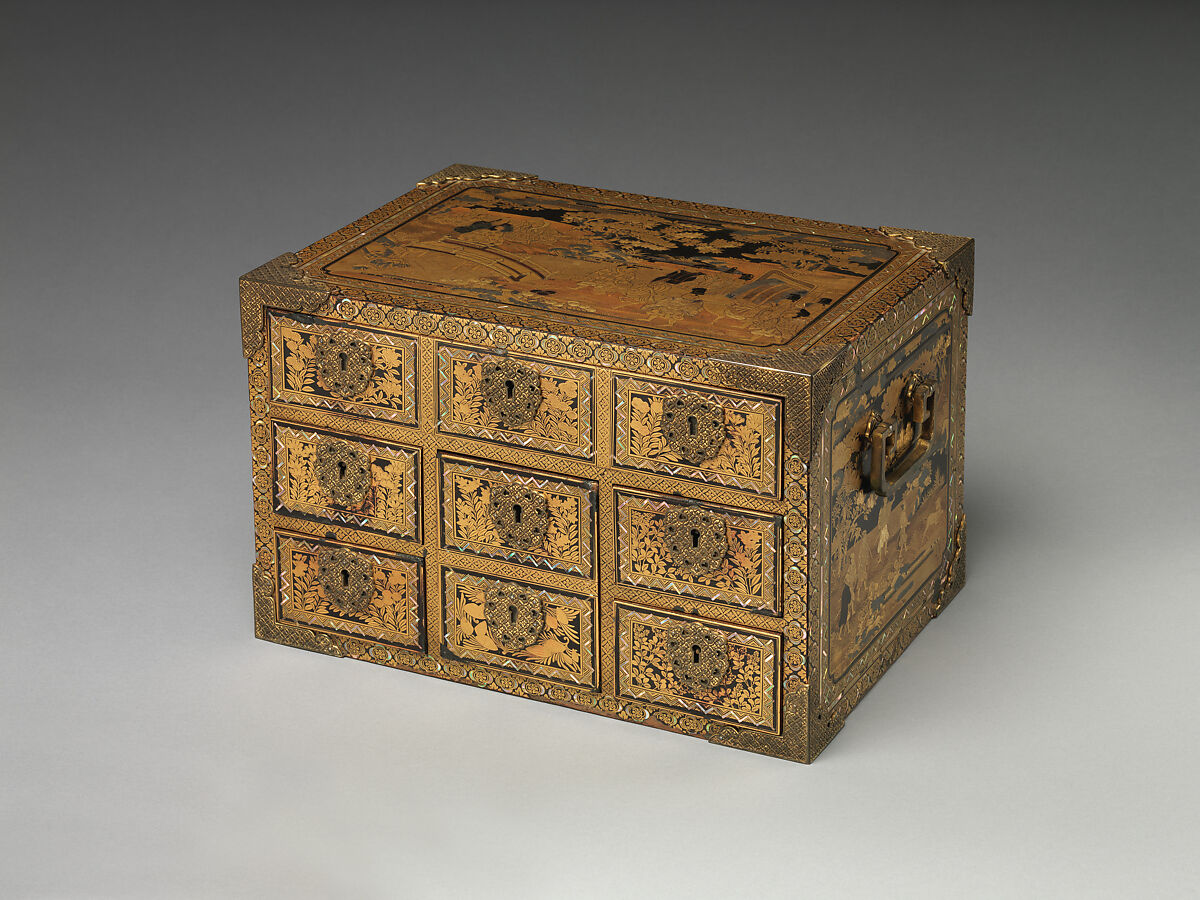 Nanban Cabinet with Drawers, Lacquered wood with gold and silver hiramaki-e, takamaki-e, gold foil application, and mother-of-pearl inlays on black ground; gilt-bronze fittings, Japan 