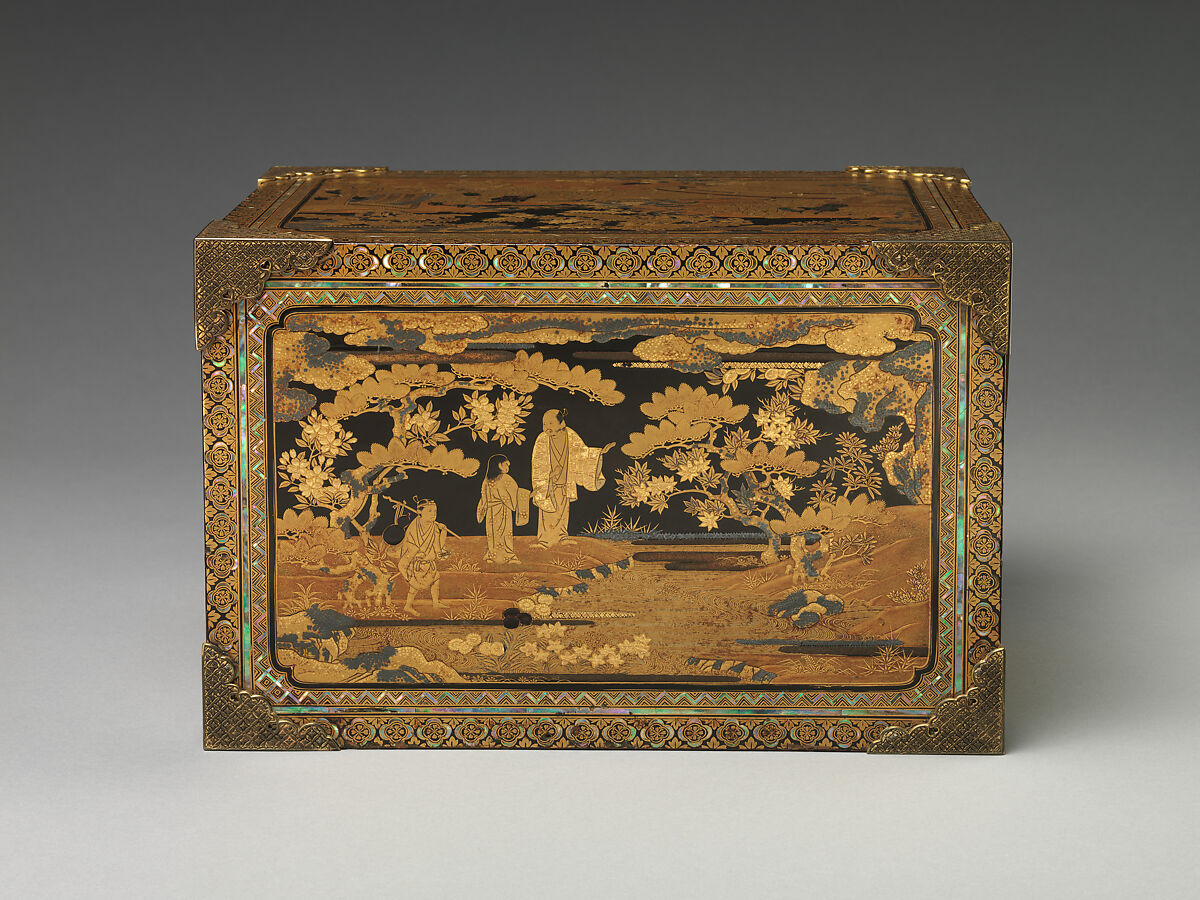 Nanban Cabinet with Drawers, Lacquered wood with gold and silver hiramaki-e, takamaki-e, gold foil application, and mother-of-pearl inlays on black ground; gilt-bronze fittings, Japan