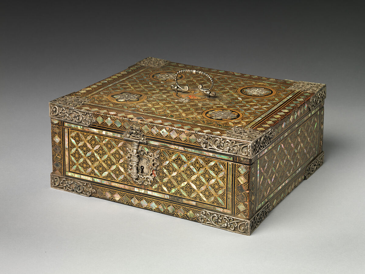 Portable Nanban Box, Lacquered wood with gold, silver hiramaki-e, and mother-of-pearl inlay; silver fittings, Japan 