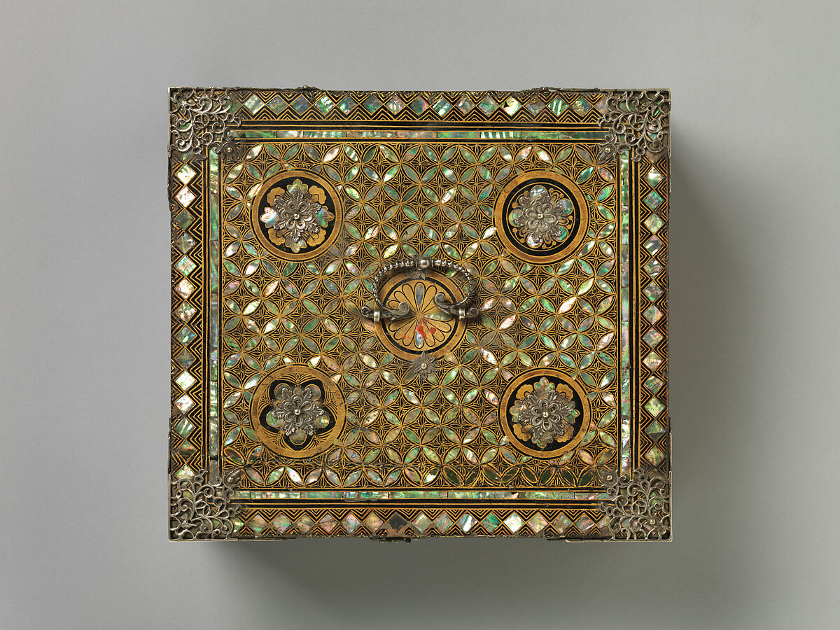Portable Nanban Box, Lacquered wood with gold, silver hiramaki-e, and mother-of-pearl inlay; silver fittings, Japan