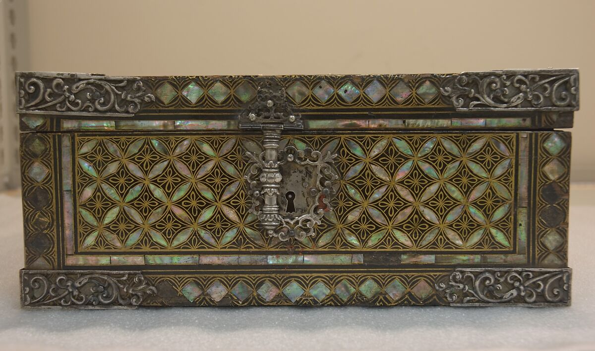 Portable Nanban Box, Lacquered wood with gold, silver hiramaki-e, and mother-of-pearl inlay; silver fittings, Japan