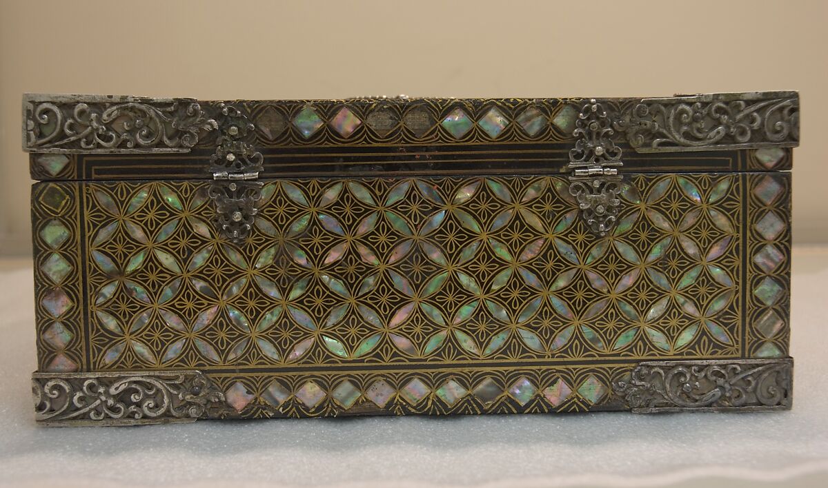 Portable Nanban Box, Lacquered wood with gold, silver hiramaki-e, and mother-of-pearl inlay; silver fittings, Japan
