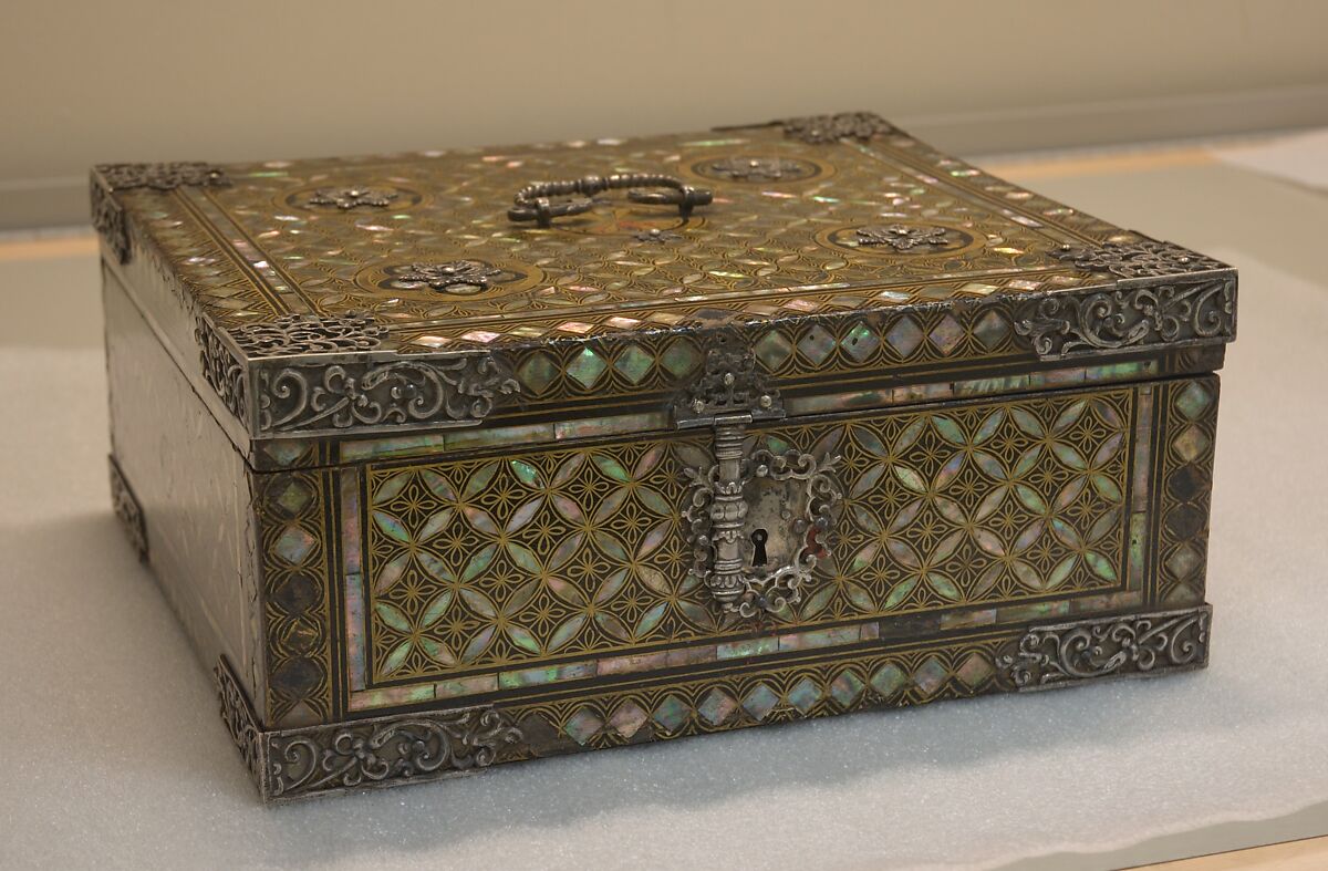 Portable Nanban Box, Lacquered wood with gold, silver hiramaki-e, and mother-of-pearl inlay; silver fittings, Japan