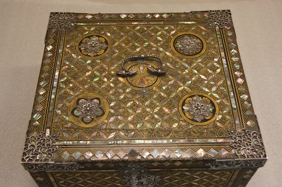 Portable Nanban Box, Lacquered wood with gold, silver hiramaki-e, and mother-of-pearl inlay; silver fittings, Japan