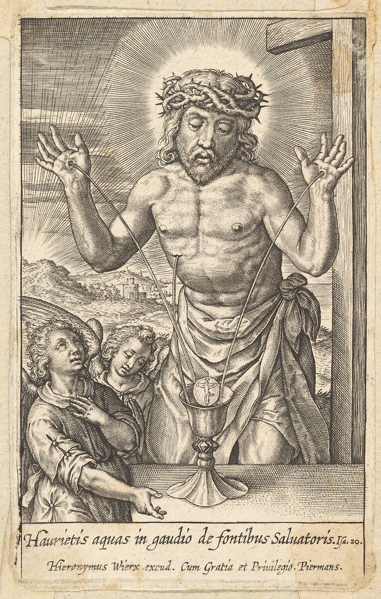 The Blood of the Redeemer Venerated by Two Angels, Hieronymus (Jerome) Wierix (Netherlandish, ca. 1553–1619 Antwerp), Engraving 