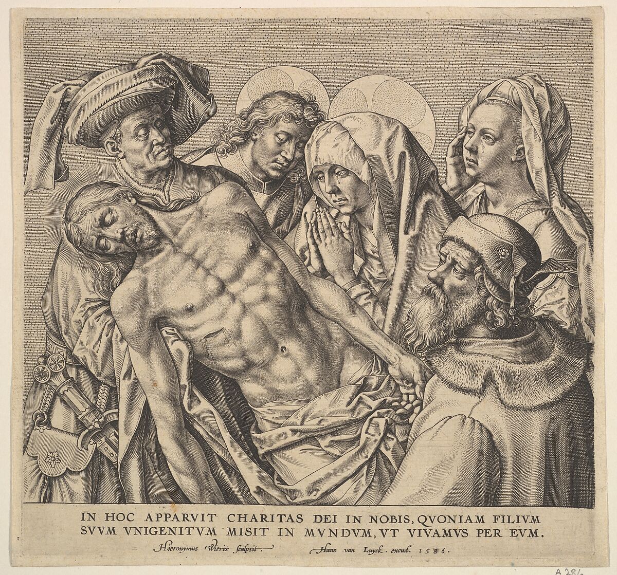 Bearing the Body of Christ, Hieronymus (Jerome) Wierix (Netherlandish, ca. 1553–1619 Antwerp), Engraving; first state of two 