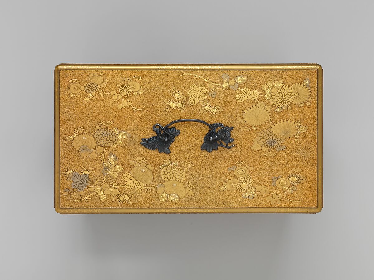 Picnic Set with Design of Chrysanthemum Sprays, Boxes and trays: gold maki-e on nashiji; lacquer ground; sake bottles: pewter, Japan