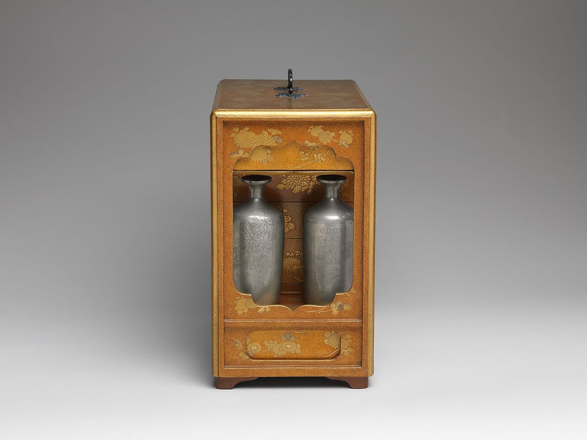 Picnic Set with Design of Chrysanthemum Sprays, Boxes and trays: gold maki-e on nashiji; lacquer ground; sake bottles: pewter, Japan