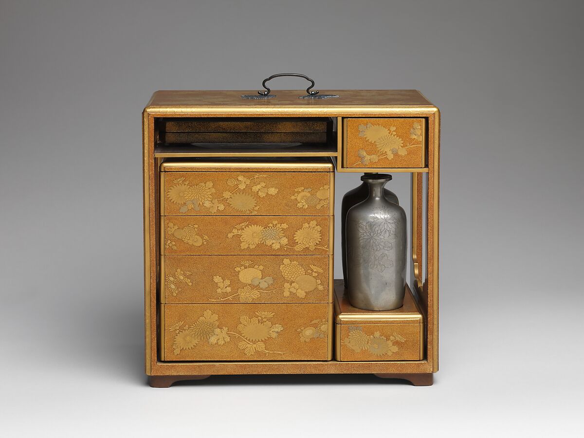 Picnic Set with Design of Chrysanthemum Sprays, Boxes and trays: gold maki-e on nashiji; lacquer ground; sake bottles: pewter, Japan