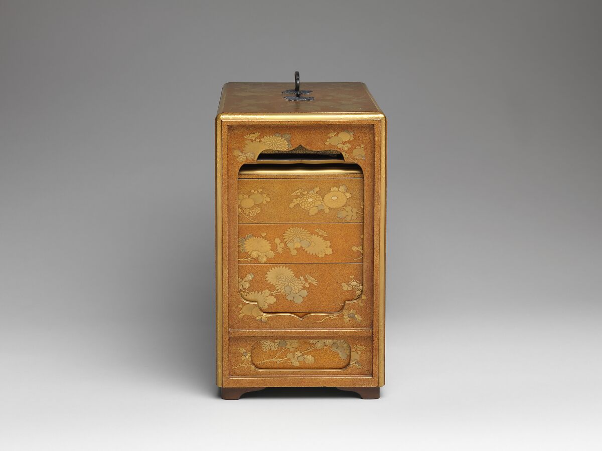 Picnic Set with Design of Chrysanthemum Sprays, Boxes and trays: gold maki-e on nashiji; lacquer ground; sake bottles: pewter, Japan