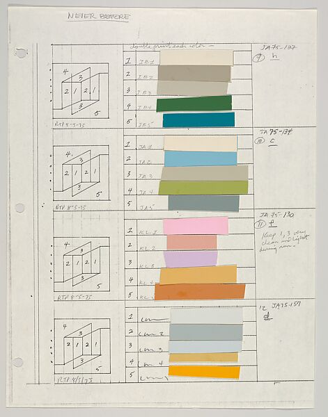 Untitled (for Never Before, h,c,f,d), Josef Albers (American (born Germany), Bottrop 1888–1976 New Haven, Connecticut), Graphite, ink and paint swatch 