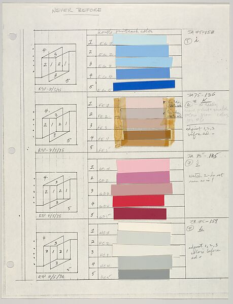 Untitled (for Never Before, i,k,j,l), Josef Albers (American (born Germany), Bottrop 1888–1976 New Haven, Connecticut), Graphite, ink and paint swatch 