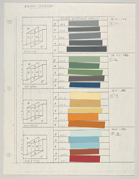 Untitled (for Never Before, a,b,g,e), Josef Albers (American (born Germany), Bottrop 1888–1976 New Haven, Connecticut), Graphite, ink and paint swatch 