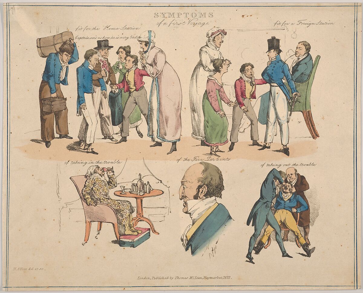 Symptoms of a First Voyage, Henry Thomas Alken (British, London 1785–1851 London), Softground etching, handcolored 