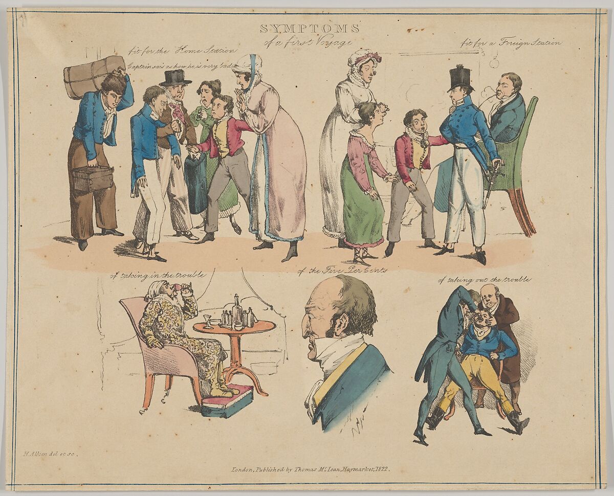 Symptoms of a First Voyage, Henry Thomas Alken (British, London 1785–1851 London), Softground etching, handcolored