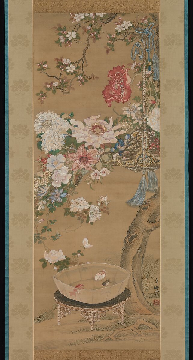 Flowers and Goldfish, Sō Shizan (Japanese, 1733–1805), Hanging scroll; ink and color on silk, Japan 