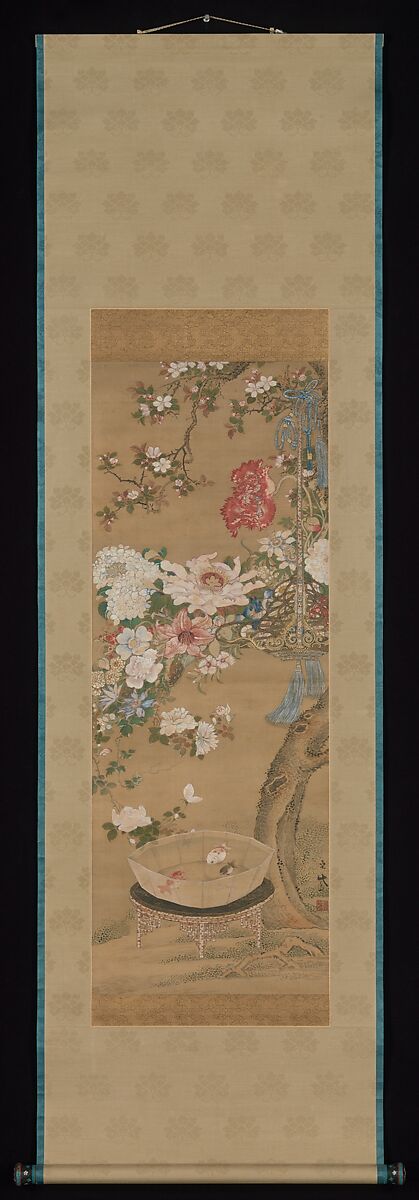 Flowers and Goldfish, Sō Shizan (Japanese, 1733–1805), Hanging scroll; ink and color on silk, Japan