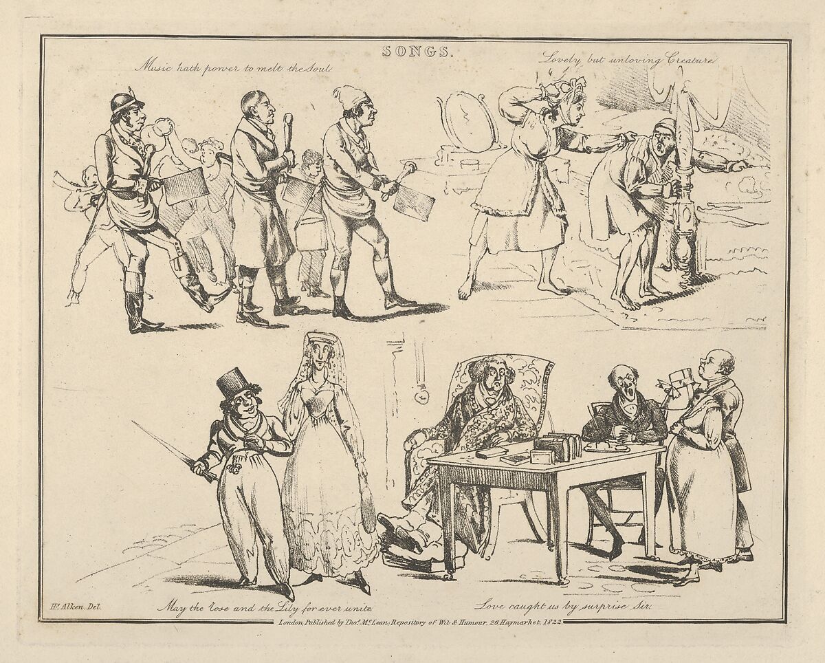 Songs: "Music hath power to melt the Soul...", Henry Thomas Alken (British, London 1785–1851 London), Soft-ground etching 