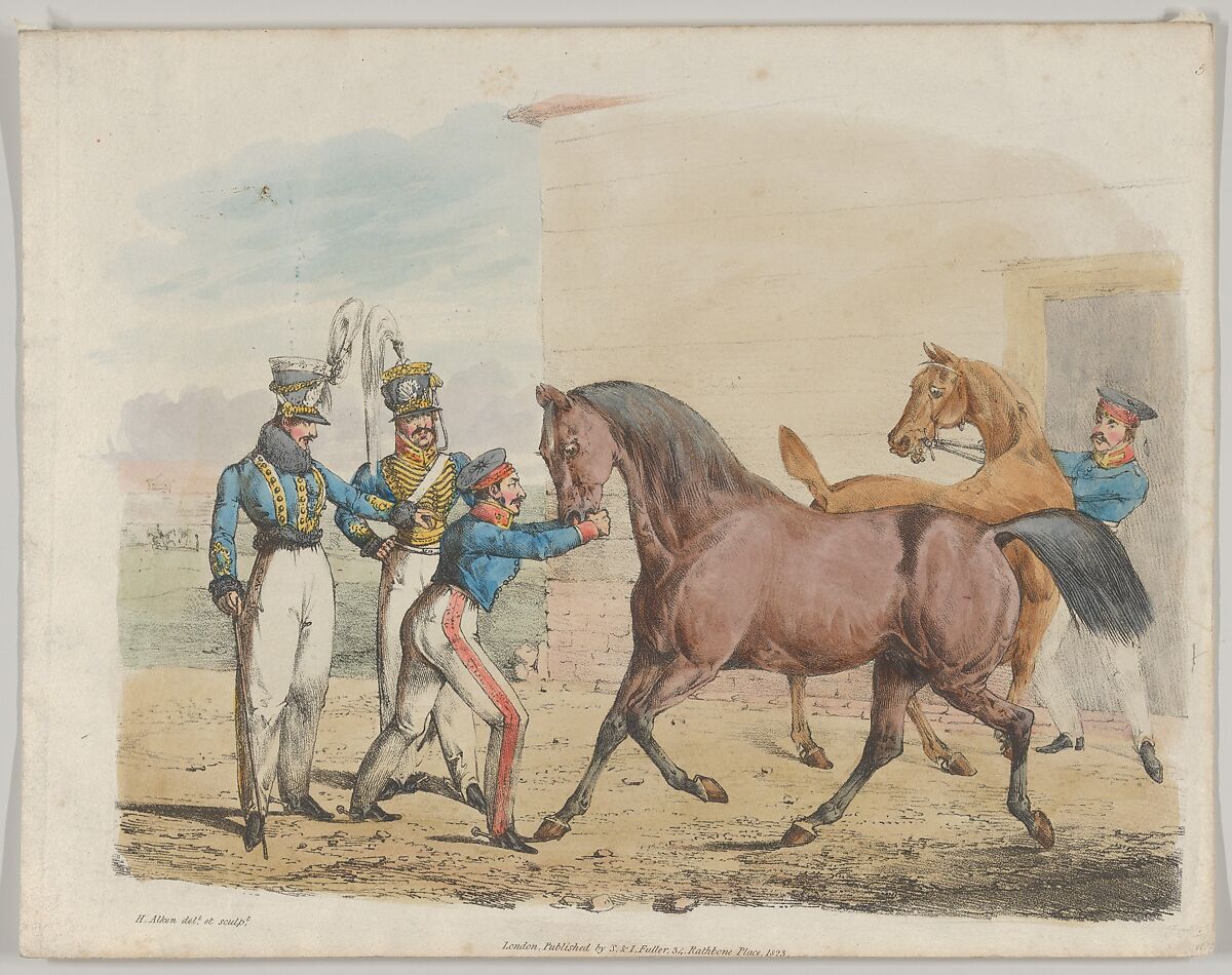 Two Soldiers of a Cavalry Unit, with Horses and Grooms, Henry Thomas Alken (British, London 1785–1851 London), Softground etching, hand colored 
