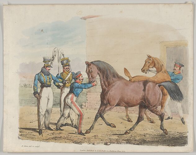 Two Soldiers of a Cavalry Unit, with Horses and Grooms