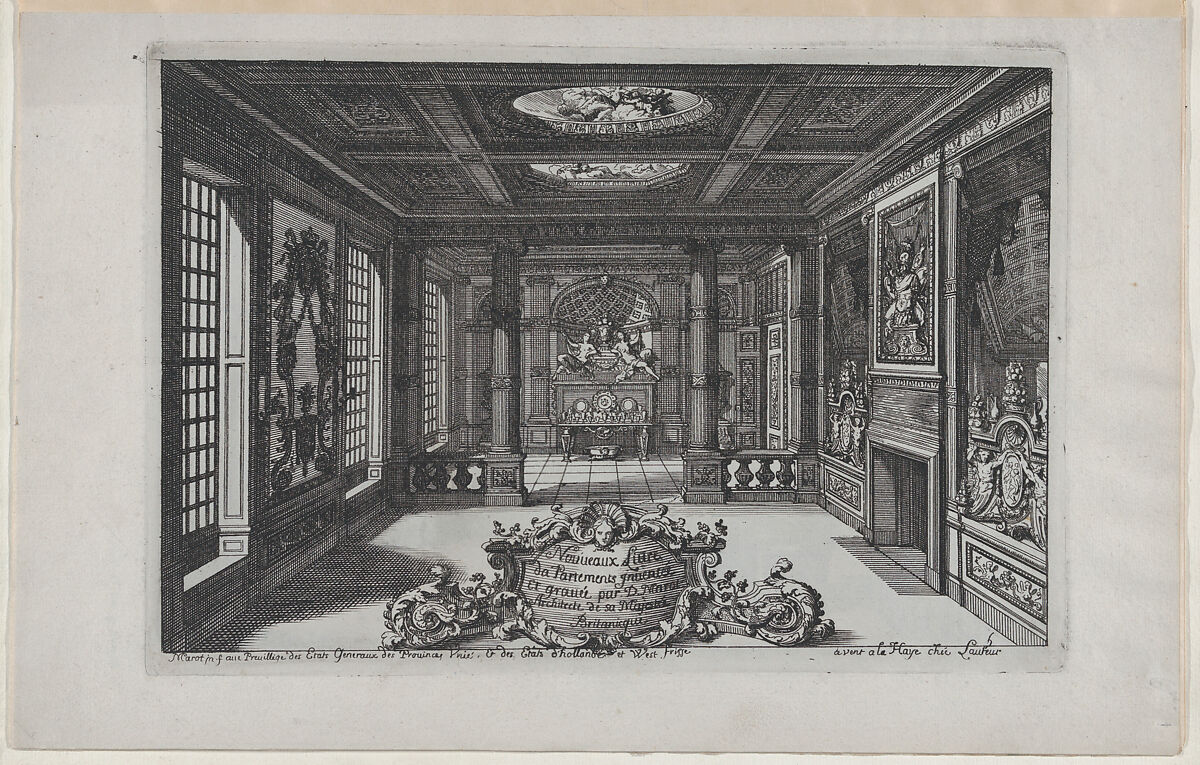 Title Plate with a Cartouche Set in a Lavish Interior, from Nouveaux Liure da Partements, part of Œuvres du Sr. D. Marot, Daniel Marot the Elder (French, Paris 1661–1752 The Hague), Etching 