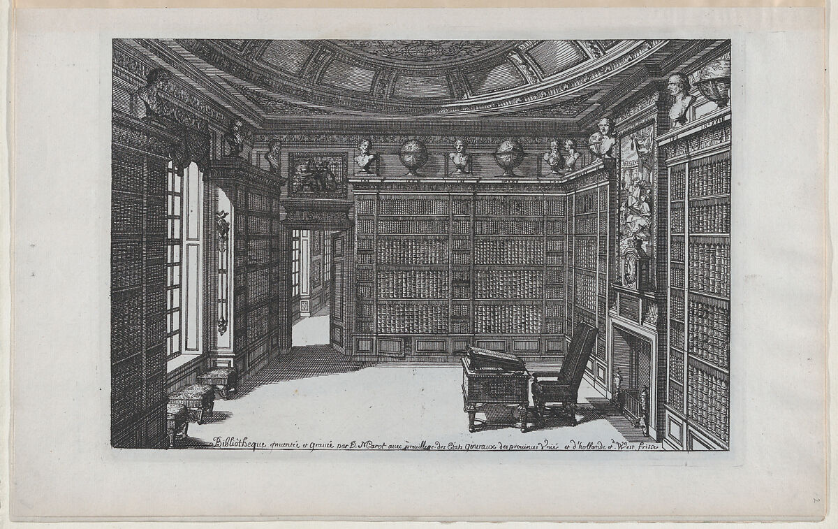 Interior of a Library, from Nouveaux Liure da Partements, part of Œuvres du Sr. D. Marot, Daniel Marot the Elder (French, Paris 1661–1752 The Hague), Etching 