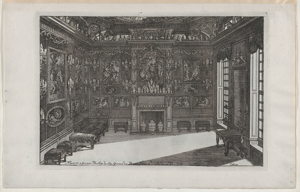 Interior of a Porcelain Cabinet with Paintings and Vases, from Nouveaux Liure da Partements, part of Œuvres du Sr. D. Marot, Daniel Marot the Elder (French, Paris 1661–1752 The Hague), Etching 