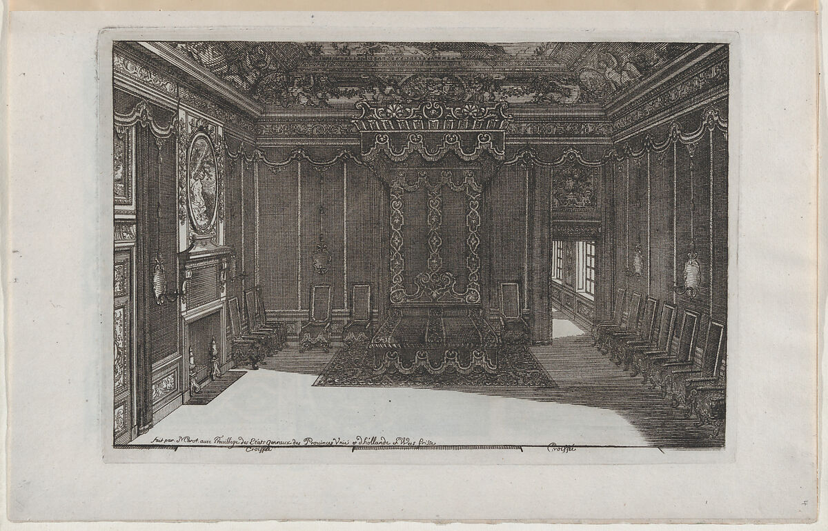 Interior with a Canopy Bed and a Row of Chairs Lining the Walls, from Nouveaux Liure da Partements, part of Œuvres du Sr. D. Marot, Daniel Marot the Elder (French, Paris 1661–1752 The Hague), Etching 