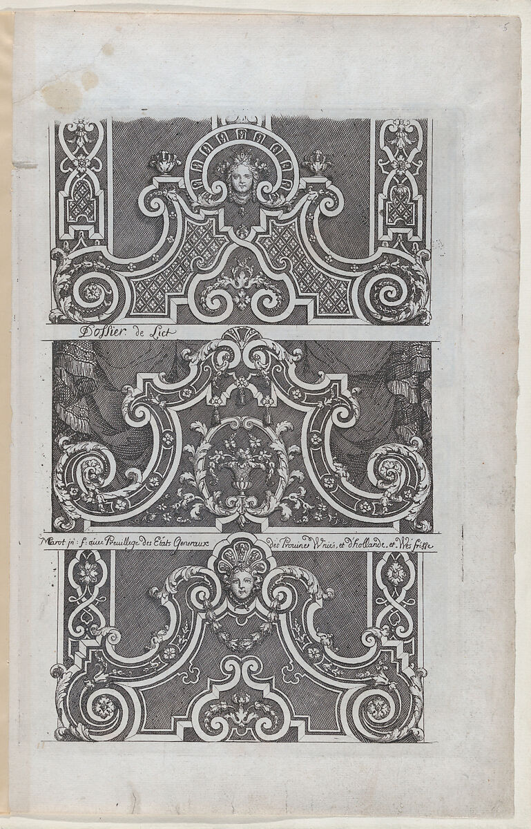 Three Designs for Embroidered Headboards, from Nouveaux Liure da Partements, part of Œuvres du Sr. D. Marot, Daniel Marot the Elder (French, Paris 1661–1752 The Hague), Etching 