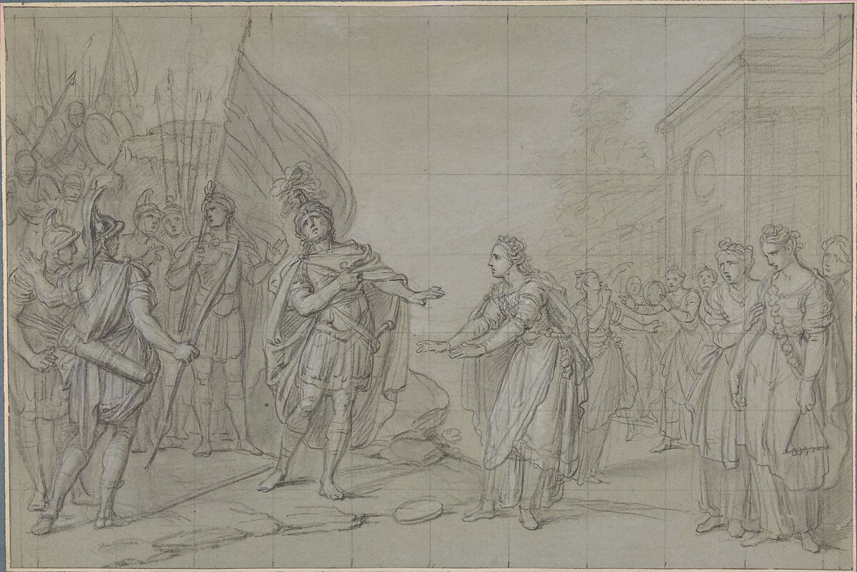The Daughter of Jephthah, Charles Antoine Coypel (French, Paris 1694–1752 Paris), Black chalk and stumping, heightened with white chalk, on blue paper; squared in black chalk 