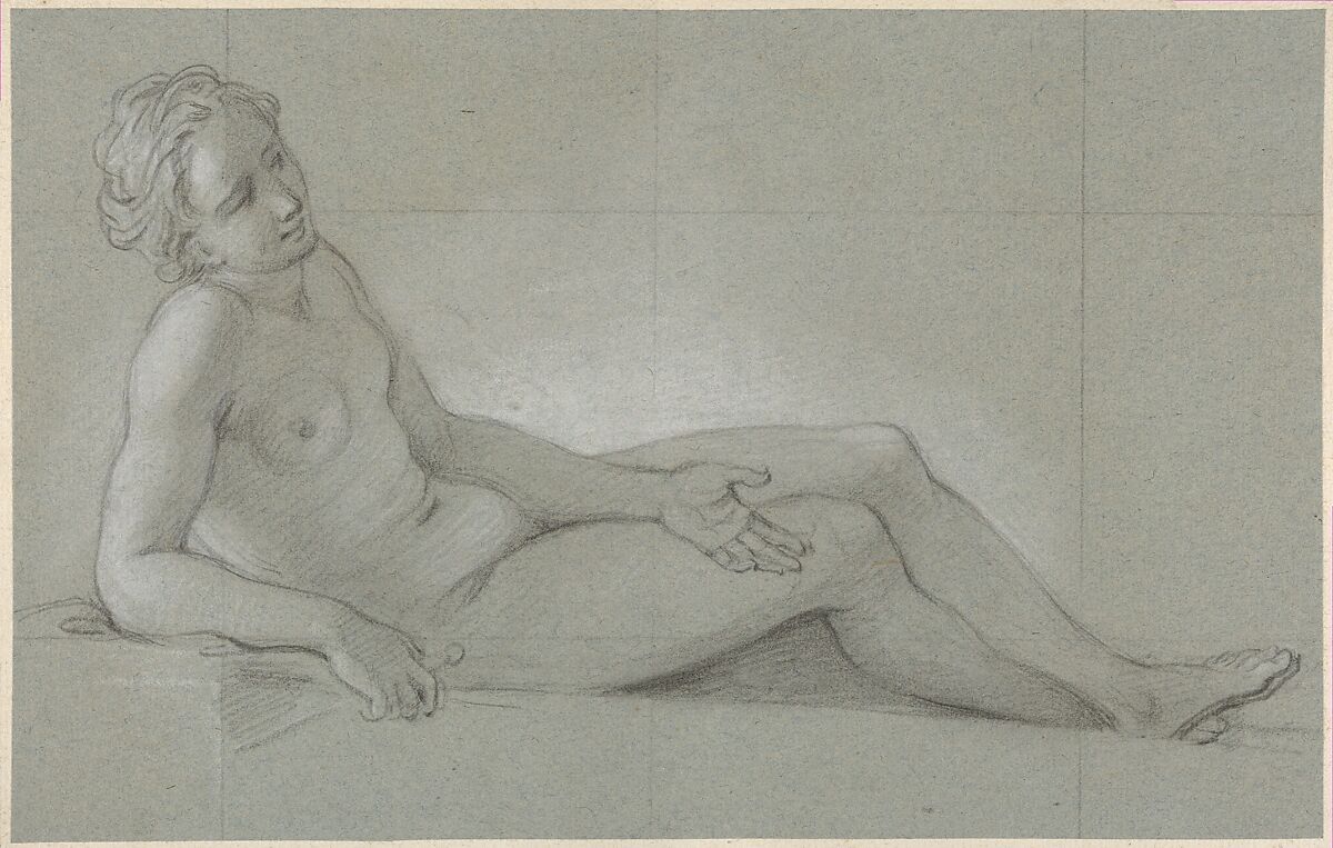 Study of a Reclining Female Nude, Charles Antoine Coypel (French, Paris 1694–1752 Paris), Black chalk and stumping, heightened with white chalk, on blue paper; squared in black chalk 