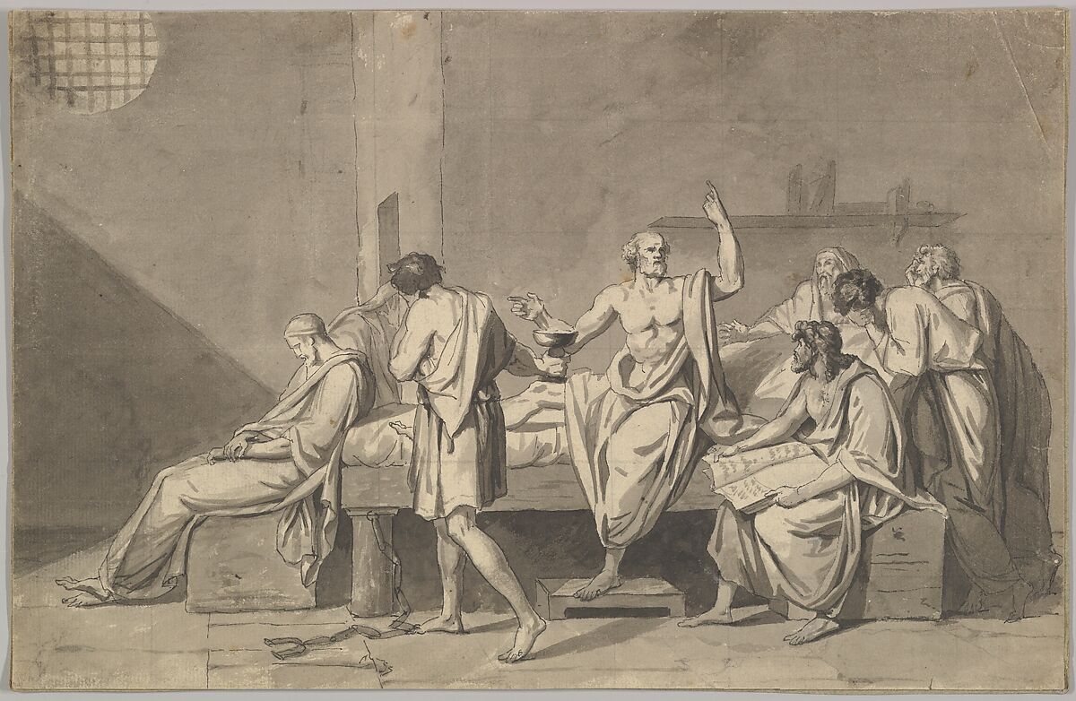 The Death of Socrates, Jacques Louis David (and studio?) French, Pen and black ink, with brush and gray wash over black chalk, with light squaring in black chalk