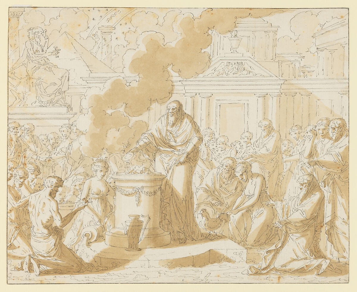 Classical Scene with Figures Gathered around a Sacrificial Altar, Louis Félix de La Rue (French, Paris 1731–1765 Paris), Pen and black ink, brush and gray wash 