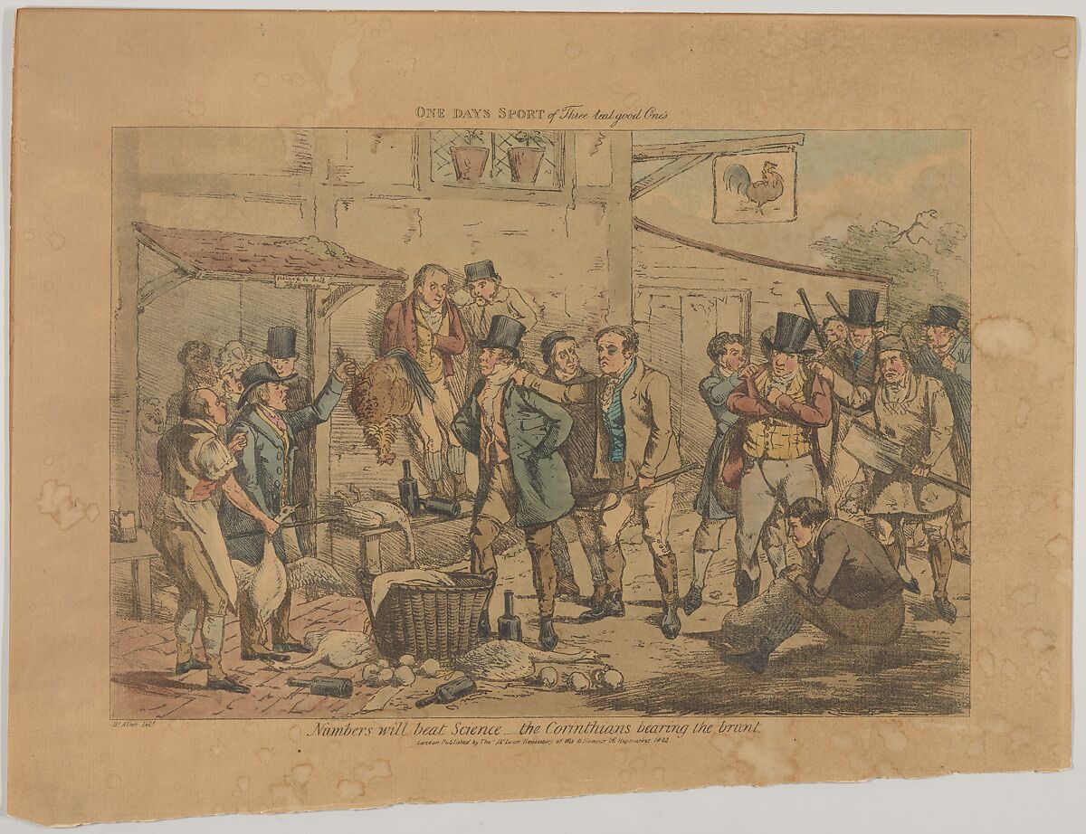 One Day's Sport of Three Real Good Ones Numbers will beat Science...The Corinthians bear the brunt, Henry Thomas Alken (British, London 1785–1851 London), Hand-colored lithograph 