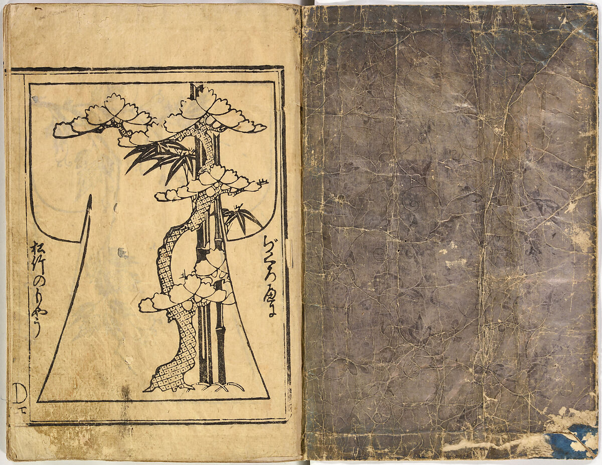 Kosode Pattern Book (On-Hiinagata)  vol. 1, One of a set of two woodblock-printed books; ink and red color on paper, Japan