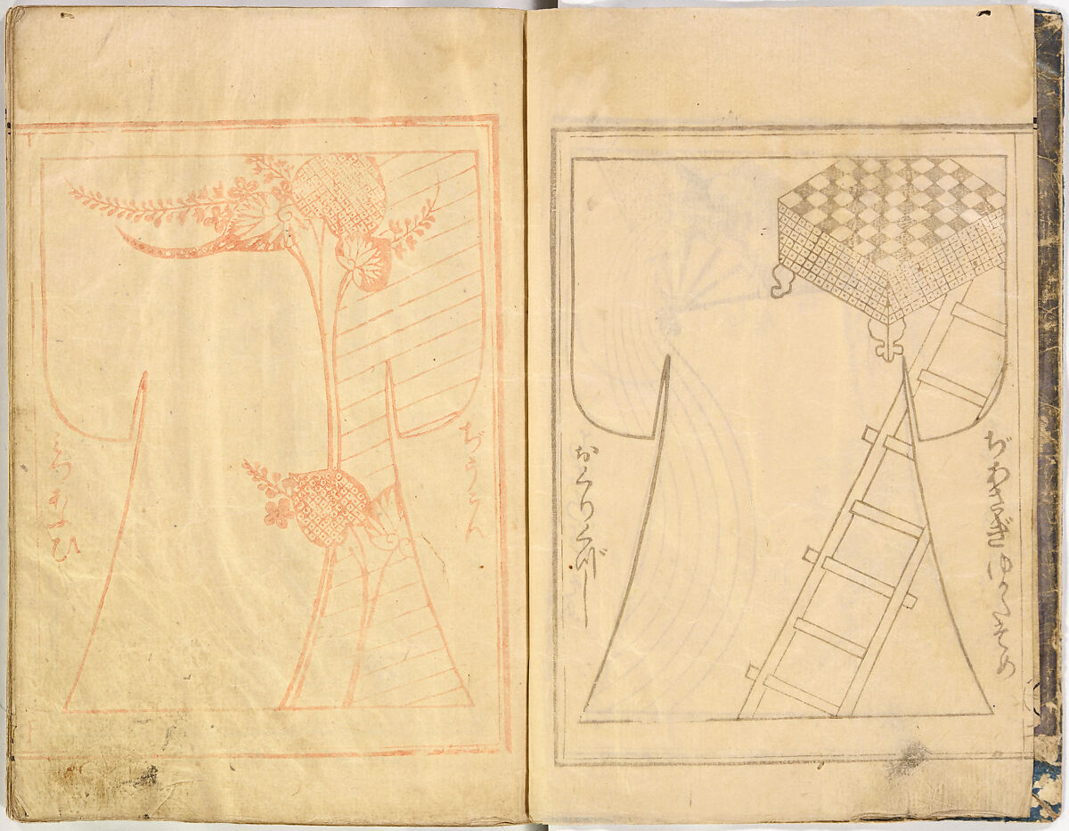 Kosode Pattern Book (On-Hiinagata)  vol. 1, One of a set of two woodblock-printed books; ink and red color on paper, Japan